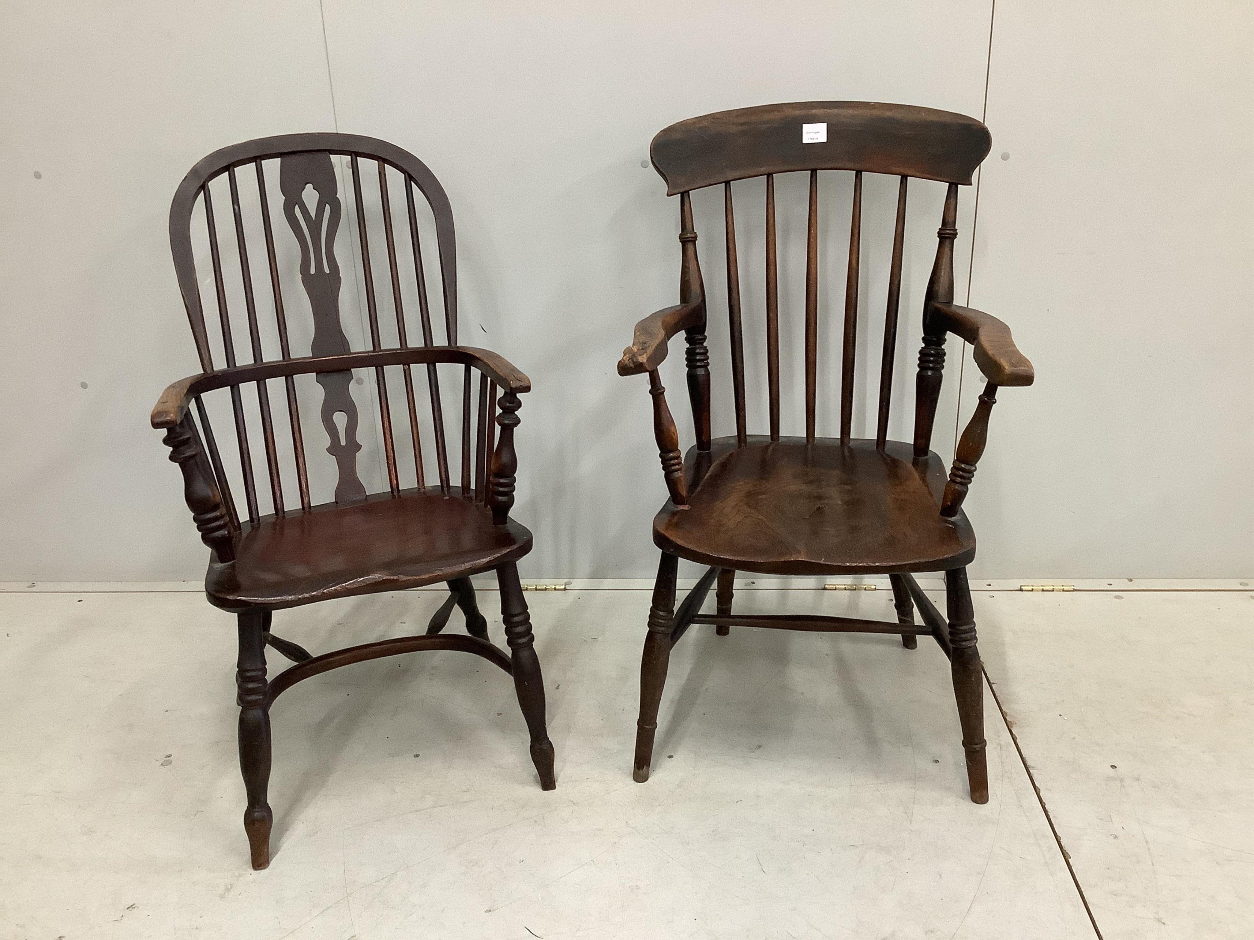 A 19th century ash and elm Windsor comb back armchair with crinoline stretcher, width 54cm, height 100cm together with a later Windsor elbow chair. Condition - poor to fair
